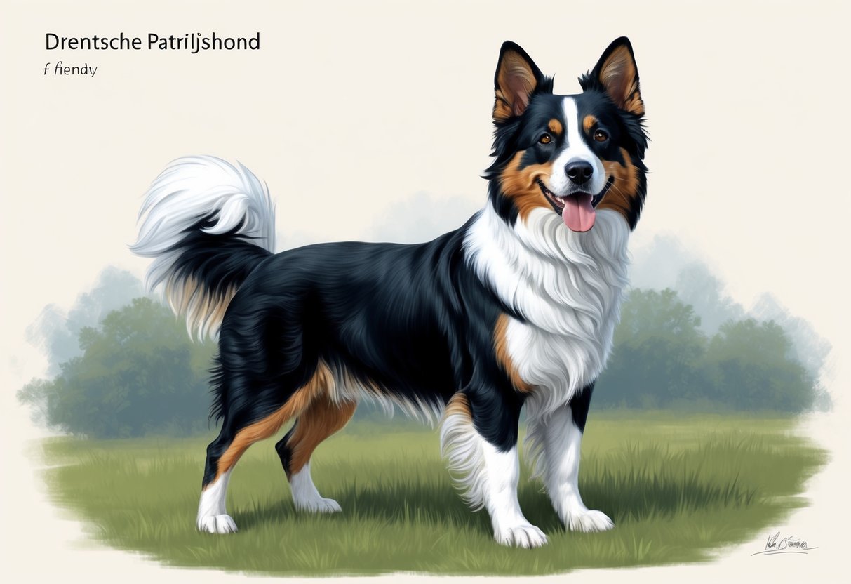 A Drentsche Patrijshond dog standing confidently with a wagging tail, alert expression, and friendly demeanor