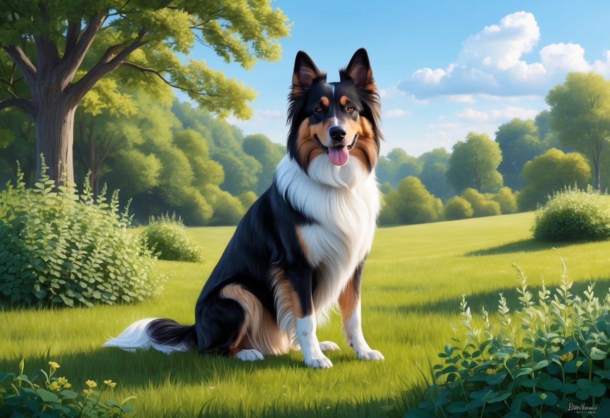 A Drentsche Patrijshond dog sits calmly in a peaceful countryside setting, surrounded by lush greenery and a clear blue sky