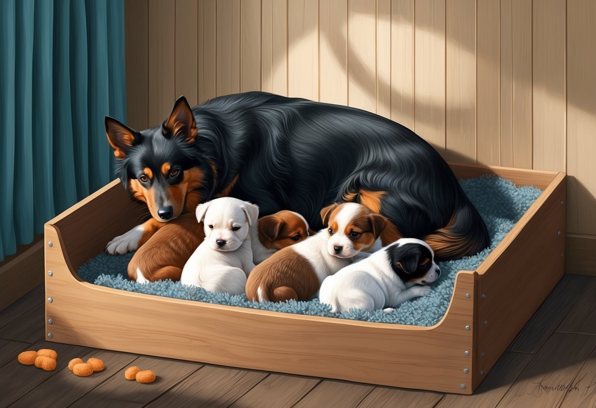 A Drentsche Patrijshond dog nursing her litter of puppies in a cozy, sunlit whelping box