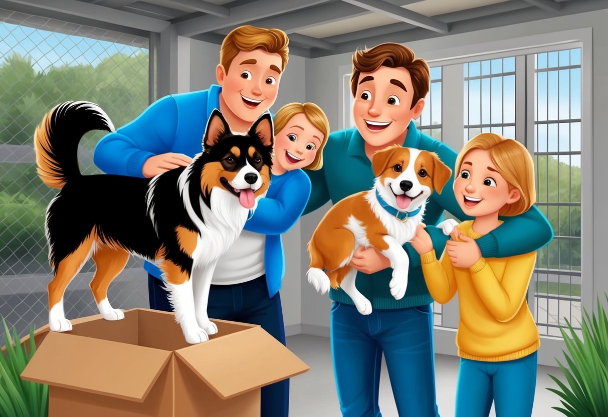 A Drentsche Patrijshond dog being adopted from a shelter, with a happy family welcoming the new addition into their home