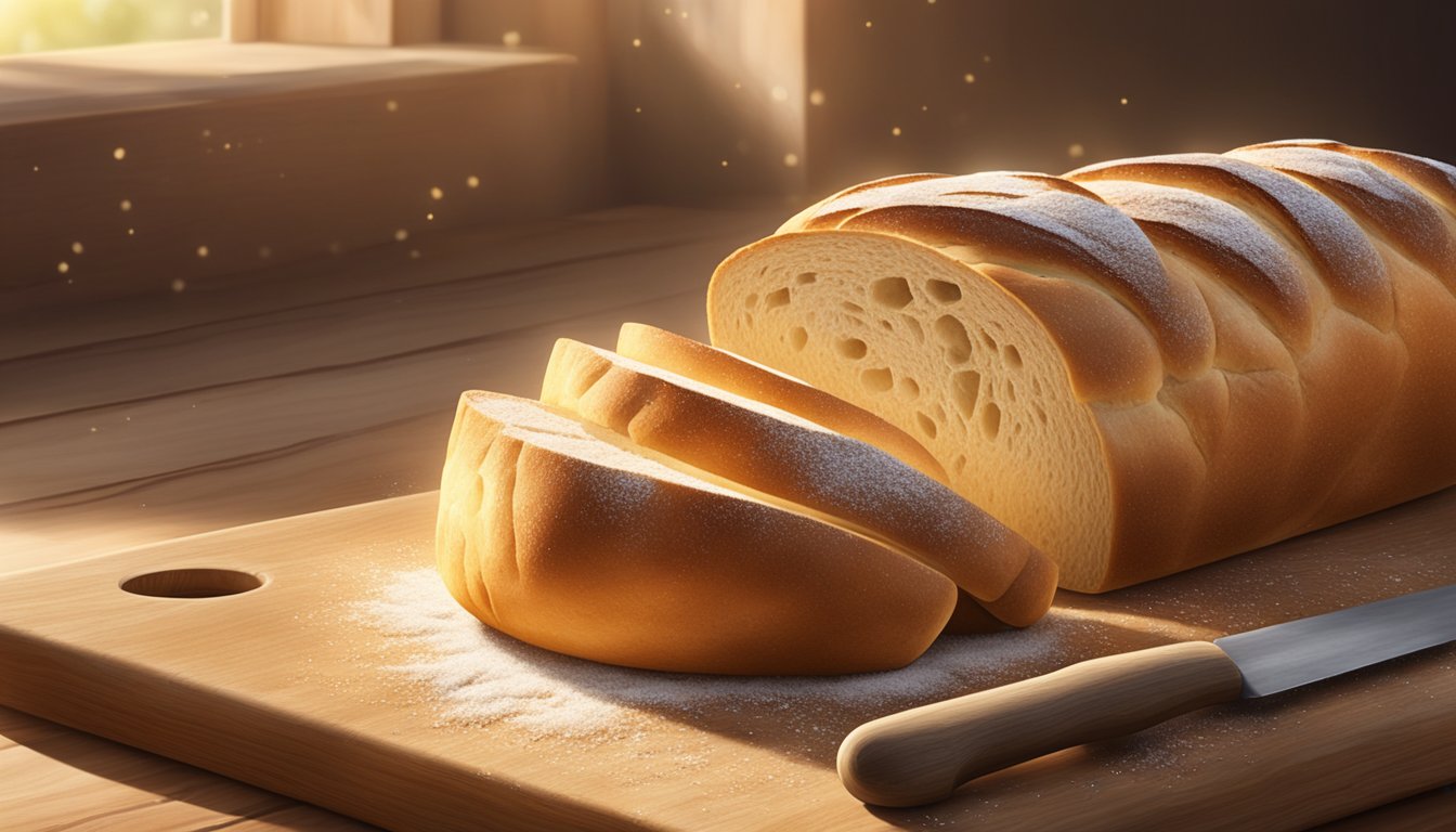 A rustic French bread loaf sits on a wooden cutting board, surrounded by scattered flour and a rolling pin. Sunlight streams through a nearby window, casting a warm glow on the scene