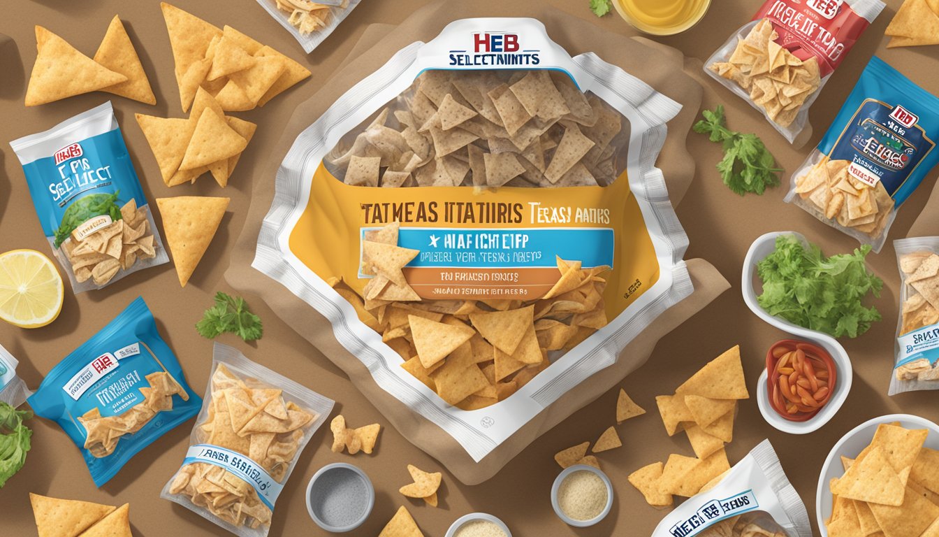 A bag of HEB Select Ingredients Pita Chips surrounded by various Texas-themed road trip snacks