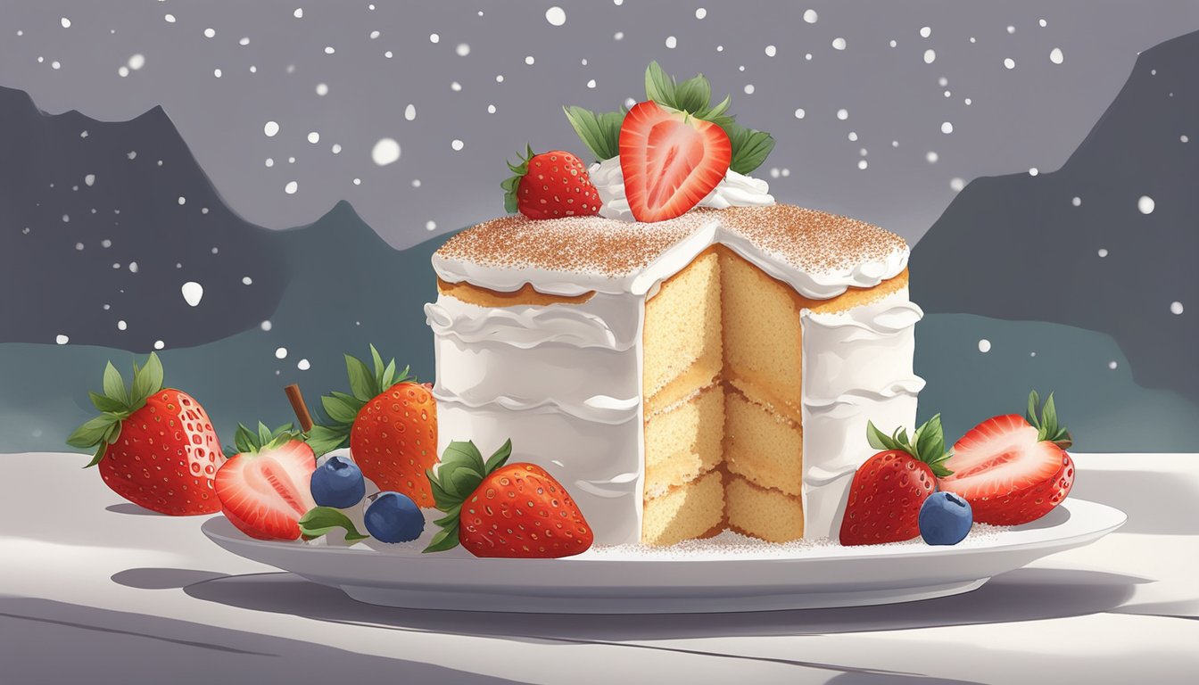 A Tres Leches cake sits on a pristine white plate, adorned with a generous dollop of whipped cream and a sprinkle of cinnamon. The cake is surrounded by vibrant, fresh strawberries and a dusting of powdered sugar