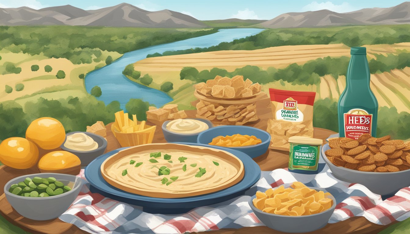 A picnic blanket spread with HEB snacks, including Central Market Organic Hummus, set against a backdrop of the Texas landscape for a road trip