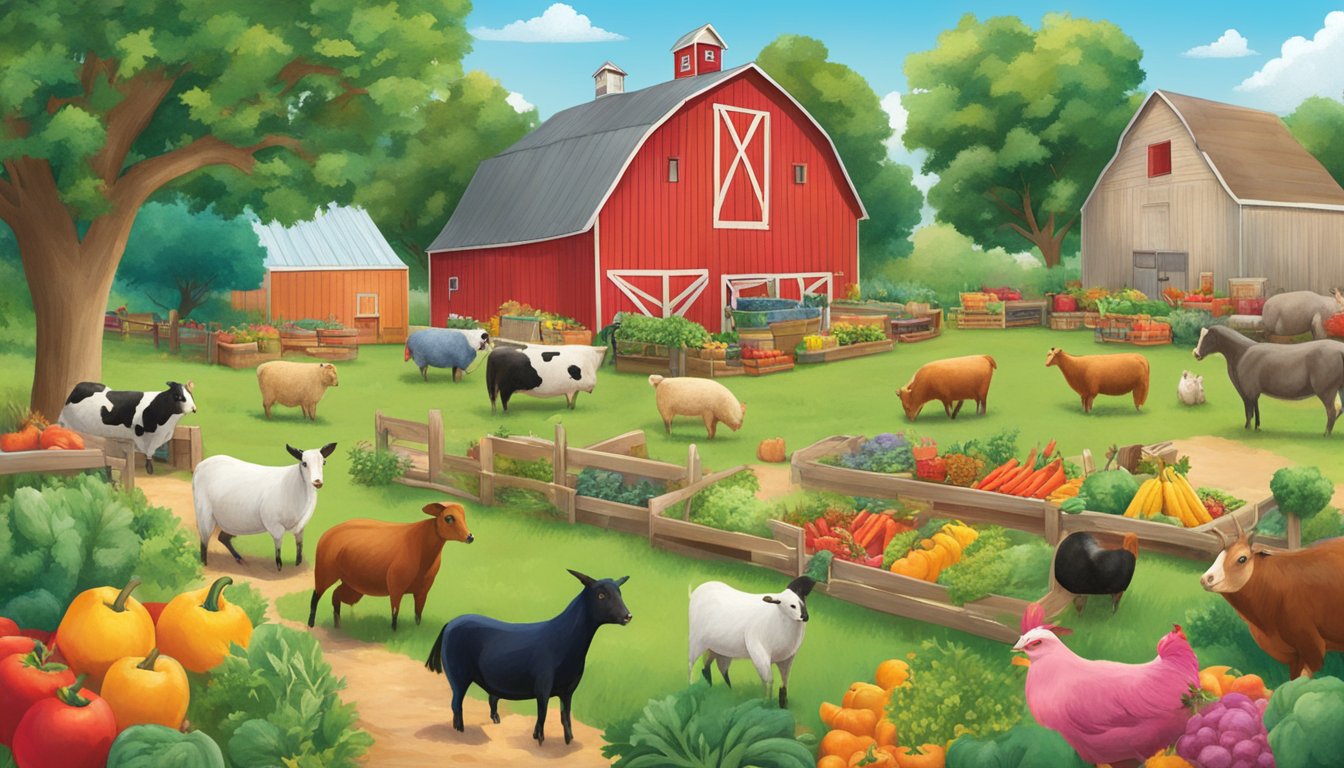 A vibrant Texas backyard with farm animals and produce, surrounded by HEB program logos