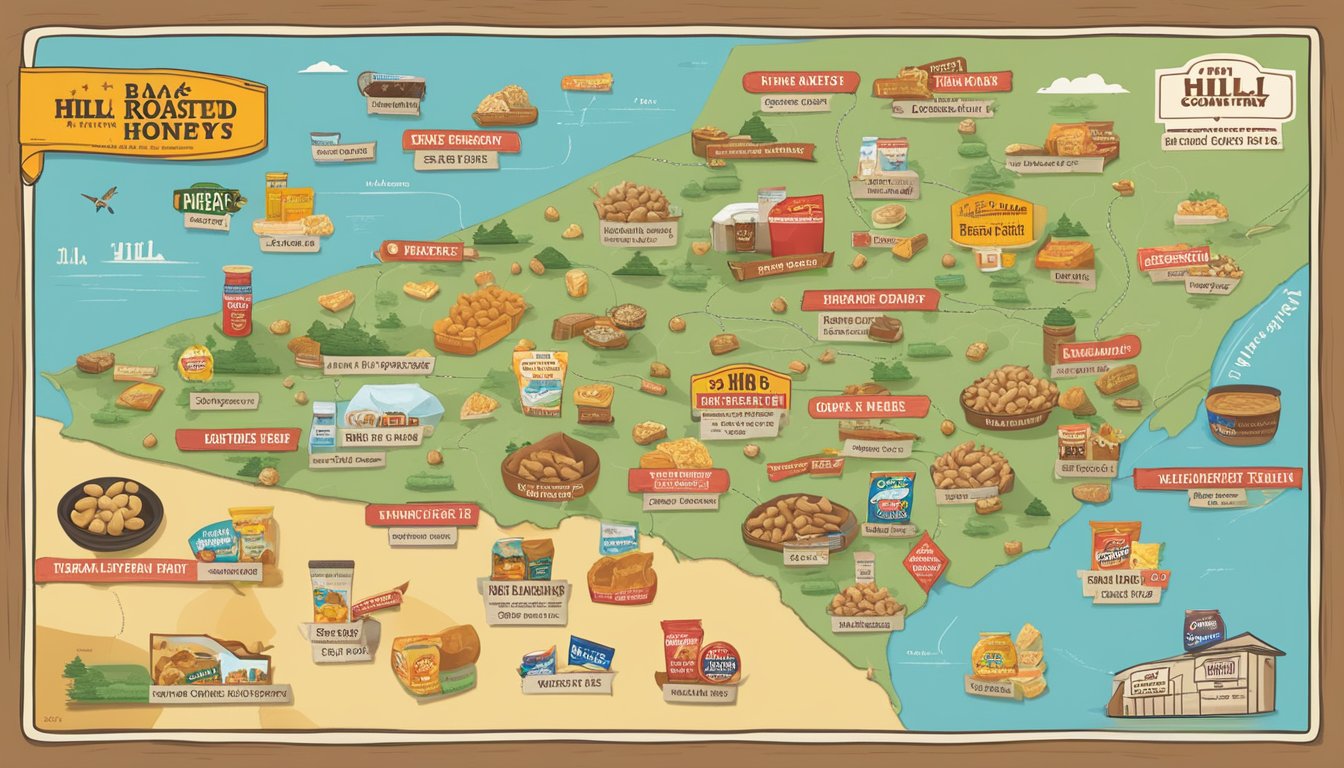 A bag of Hill Country Fare Honey Roasted Peanuts sits among 14 other HEB snacks on a map of Texas, ready for a road trip