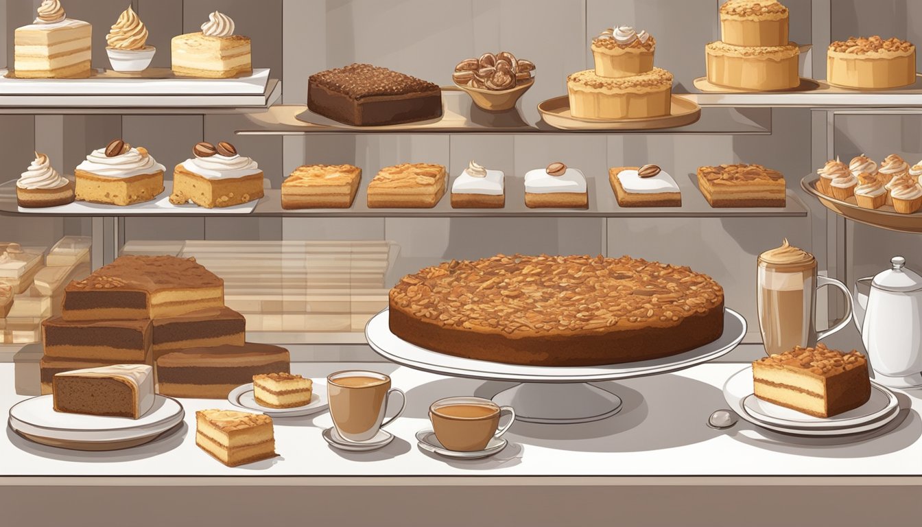 A golden-brown cinnamon pecan coffee cake sits on a white bakery display, surrounded by other delectable pastries and desserts