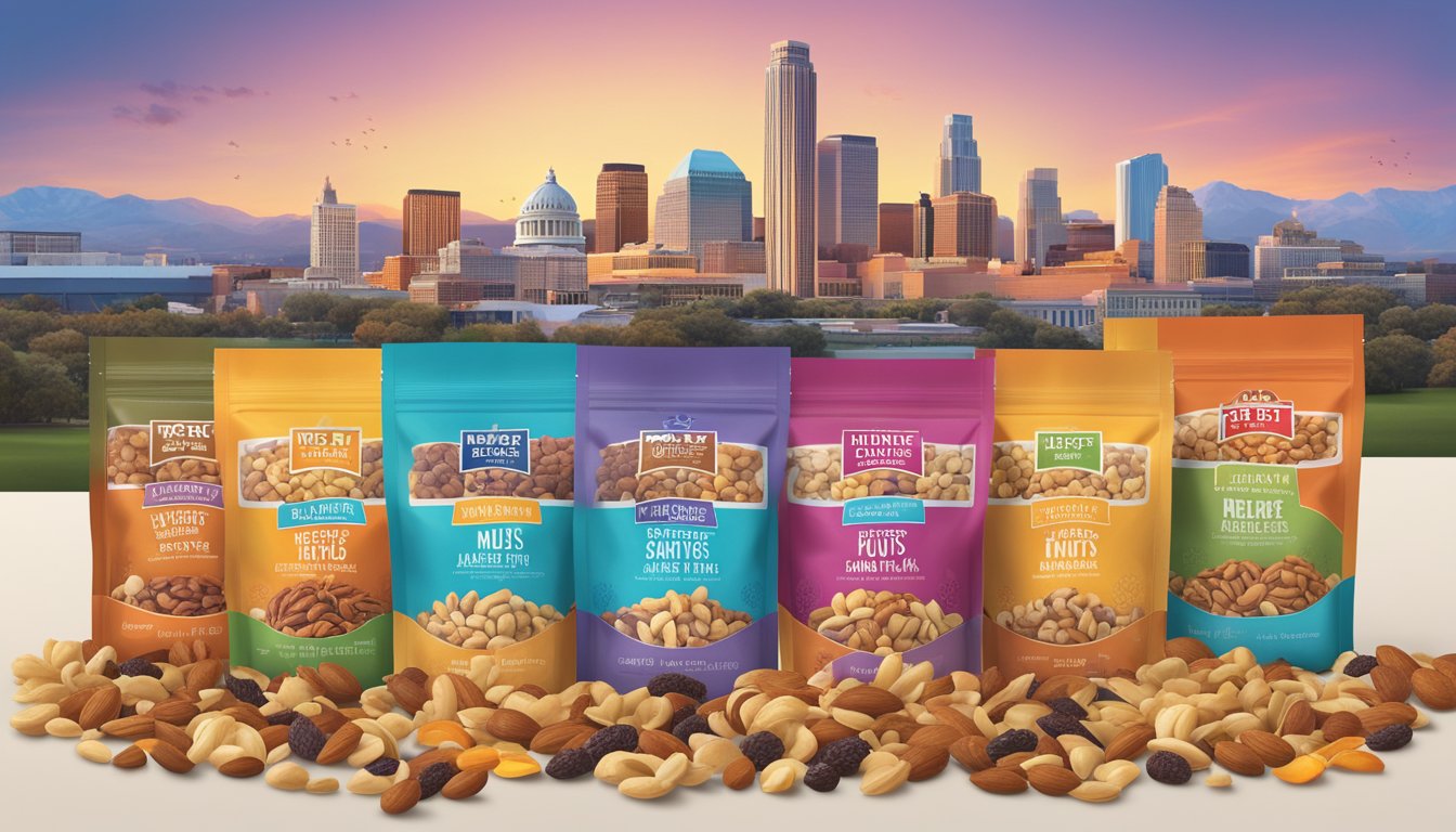 A colorful assortment of nuts, seeds, and dried fruits spill out of a HEB Sweet & Salty Trail Mix bag, set against a backdrop of iconic Texas landmarks