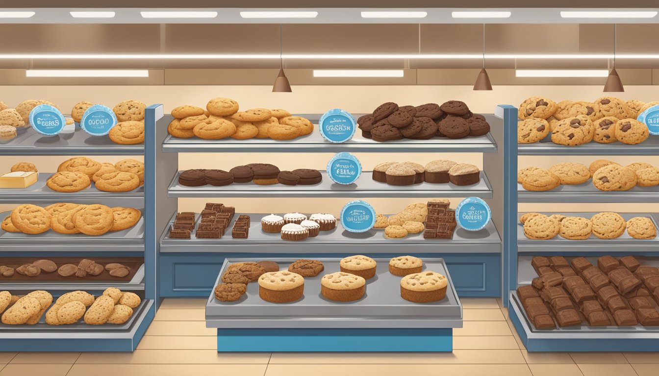 A display of freshly baked chocolate chunk cookies surrounded by other delectable treats in HEB's bakery section