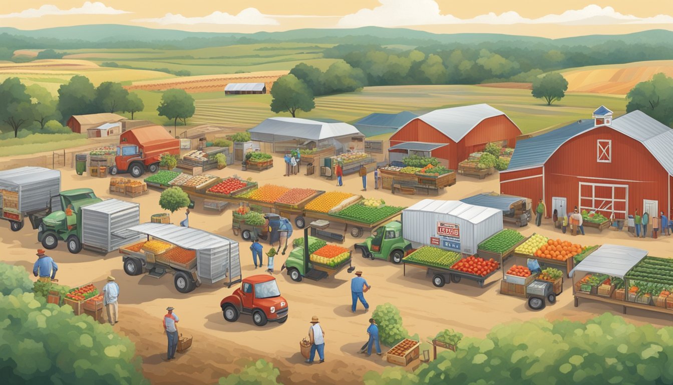 A bustling Texas farm with fields of crops, a farmer's market stand, and H-E-B delivery trucks loading fresh produce