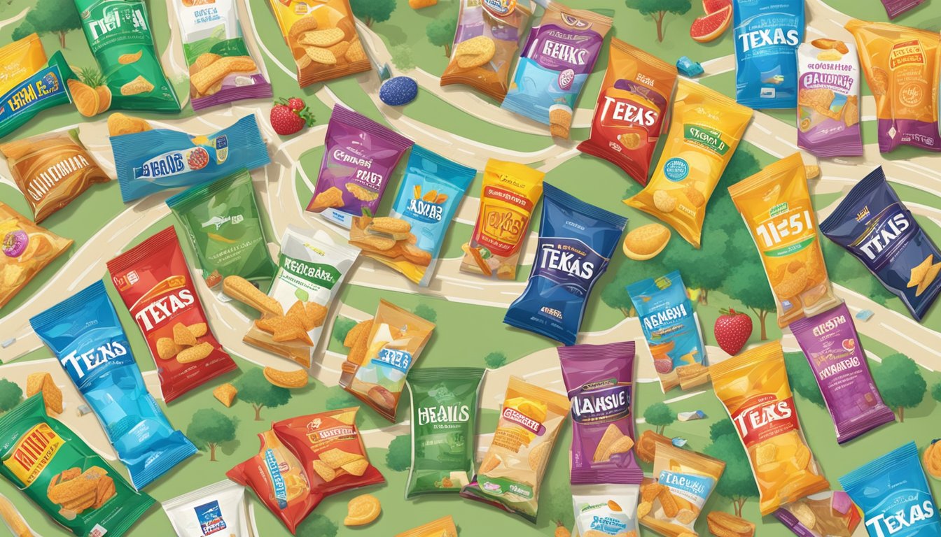 A colorful array of 15 HEB snack packages arranged on a map of Texas, with a winding road in the background