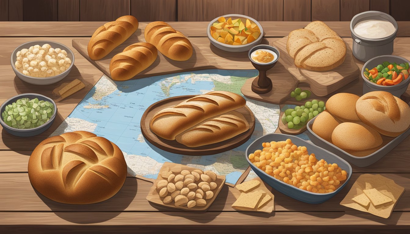 A colorful display of artisan bread and HEB snacks arranged on a rustic wooden table at Central Market, with a Texas road map in the background