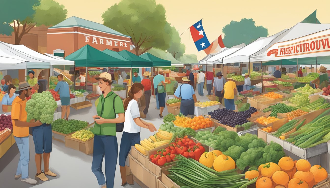 A bustling farmers' market with HEB banners, Texas produce, and proud farmers showcasing their goods