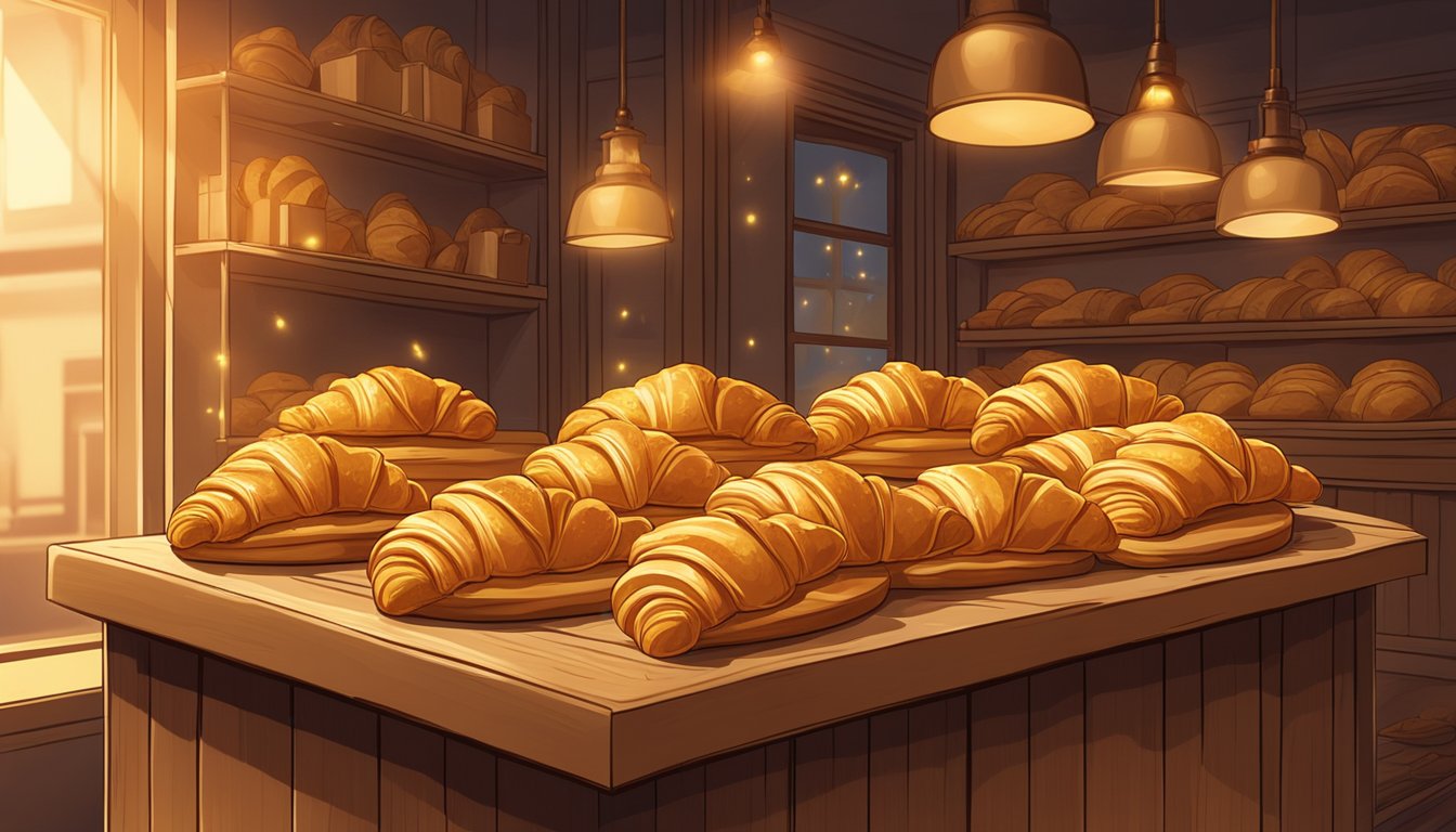 A display of golden, flaky croissants arranged on a wooden bakery shelf, surrounded by the warm glow of the store's lighting