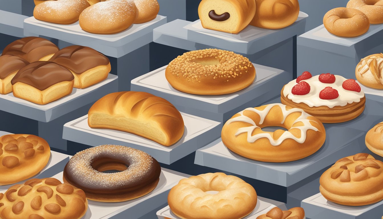 A display of freshly baked traditional kolaches at HEB's bakery section, surrounded by other irresistible pastries and breads