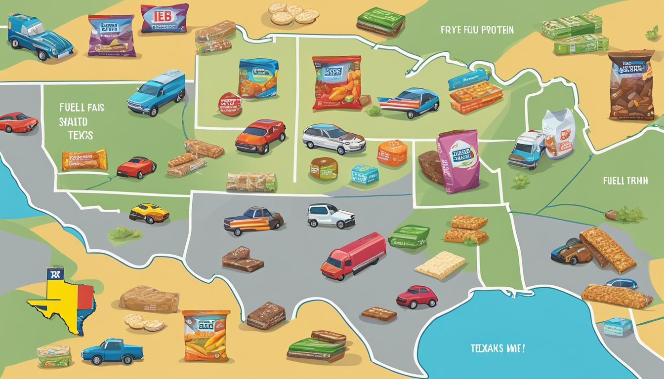 A colorful array of HEB Fuel Good Protein Bars and snacks arranged on a map of Texas, ready to fuel a road trip across the state