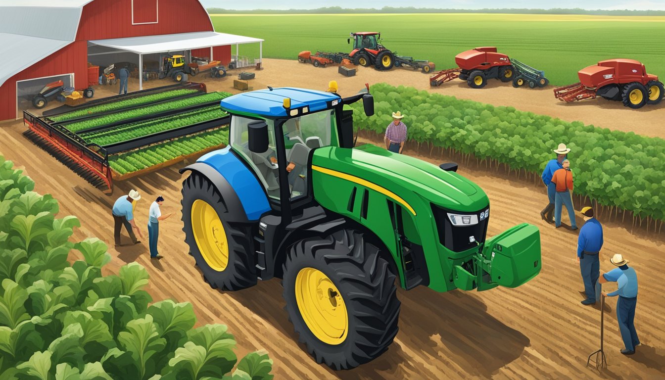 A group of Texas farmers and HEB representatives working together in a field, surrounded by crops and farm equipment