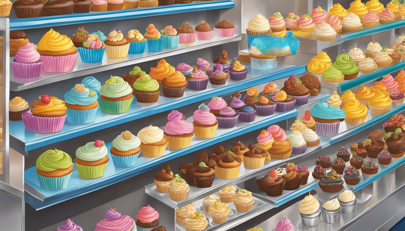 A colorful display of gourmet cupcakes in HEB's bakery section, with tempting flavors and decorative toppings, draws in customers