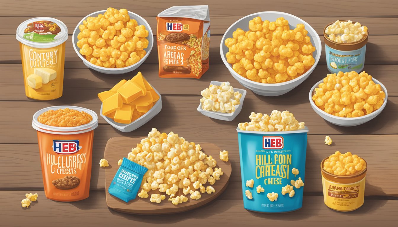 A colorful array of HEB snacks, including Hill Country Fare Cheese Popcorn, spread out on a table, ready to fuel a road trip across Texas