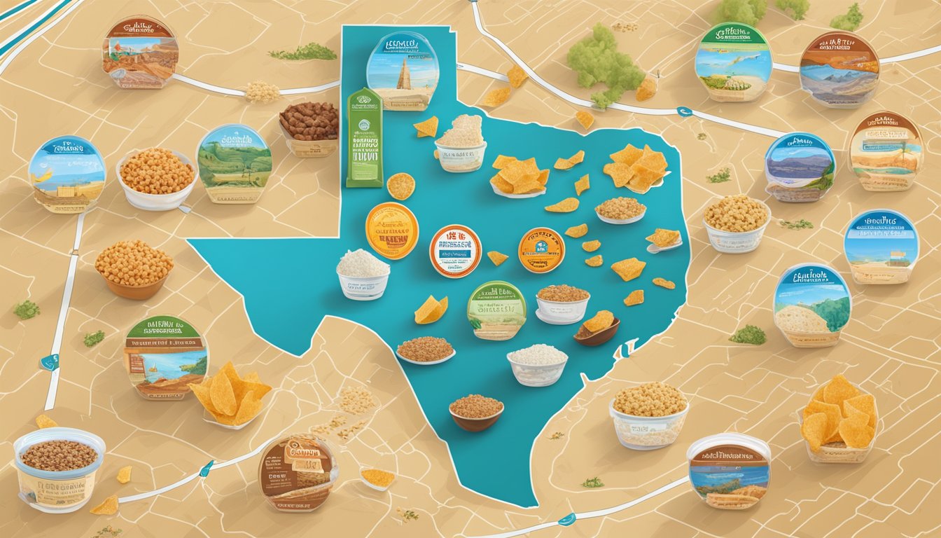 A bag of Central Market Sea Salt Quinoa Chips sits among 14 other HEB snacks on a map of Texas, with a winding road stretching across the state