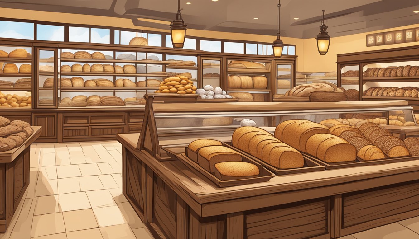 A rustic wooden table displays a variety of freshly baked multigrain bread loaves, surrounded by the warm glow of the HEB bakery section