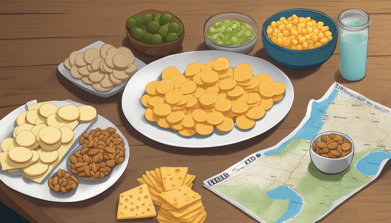 A table spread with HEB Bravo Natural Cheese Rounds and other snacks, with a map of Texas in the background