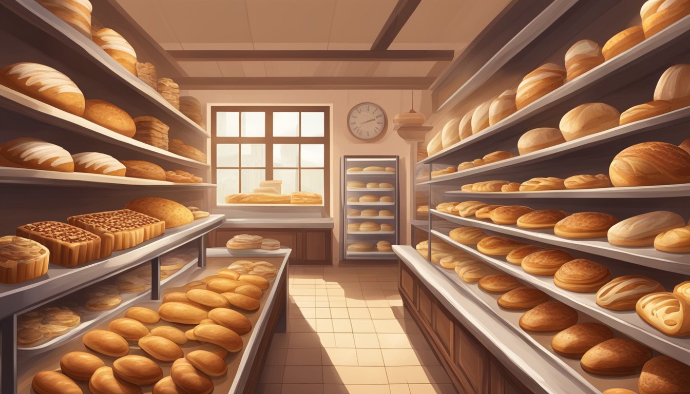 A bustling bakery with rows of freshly baked bread, pastries, and cakes displayed on wooden shelves, exuding warmth and the aroma of sweet treats