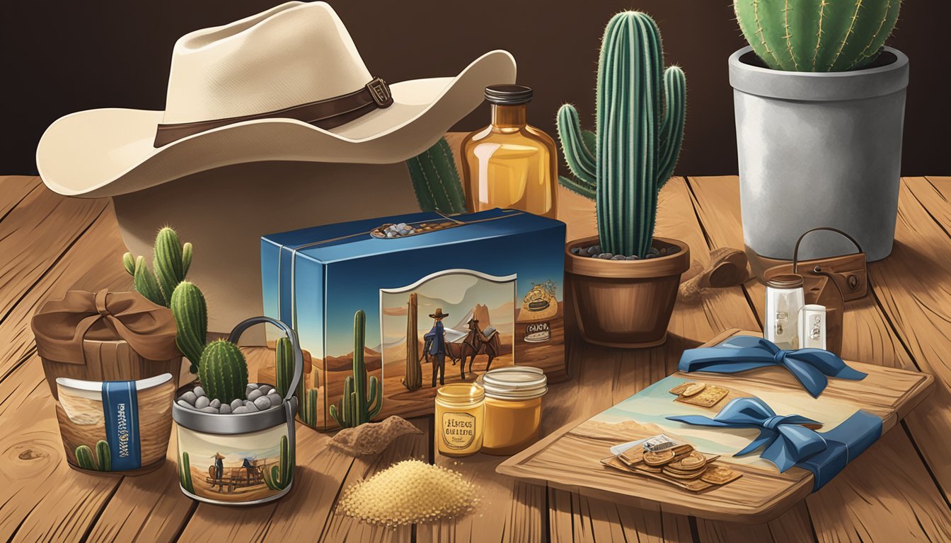 A rustic Texas-themed gift set with 12 HEB products arranged on a wooden table with a cowboy hat and cactus as accents