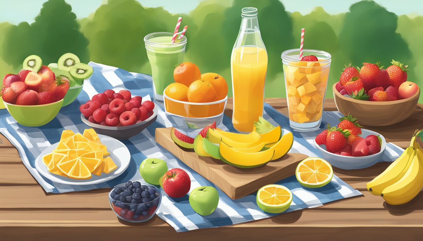 A colorful array of fresh fruit cups and HEB snacks arranged on a picnic table, with a Texas road map and car keys nearby