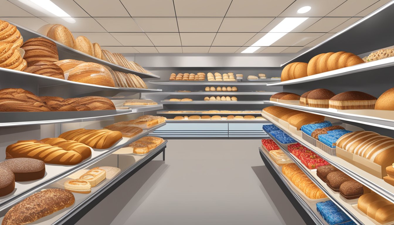 A colorful display of freshly baked bread, pastries, and cakes arranged on shelves, with a sign highlighting "Variety And Innovation" at HEB's bakery section