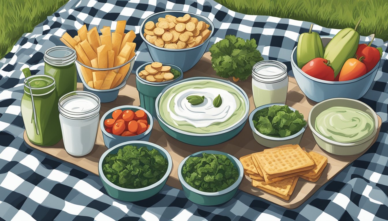 A picnic spread with a variety of HEB snacks, including Central Market Spinach and Kale Greek Yogurt Dip, laid out on a checkered blanket in a grassy park setting