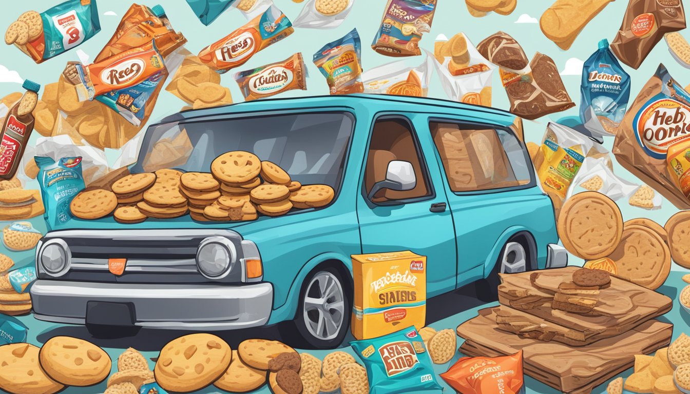 A car dashboard with a variety of HEB snacks scattered across it, including a package of Colossal Cookies, ready for a road trip across Texas