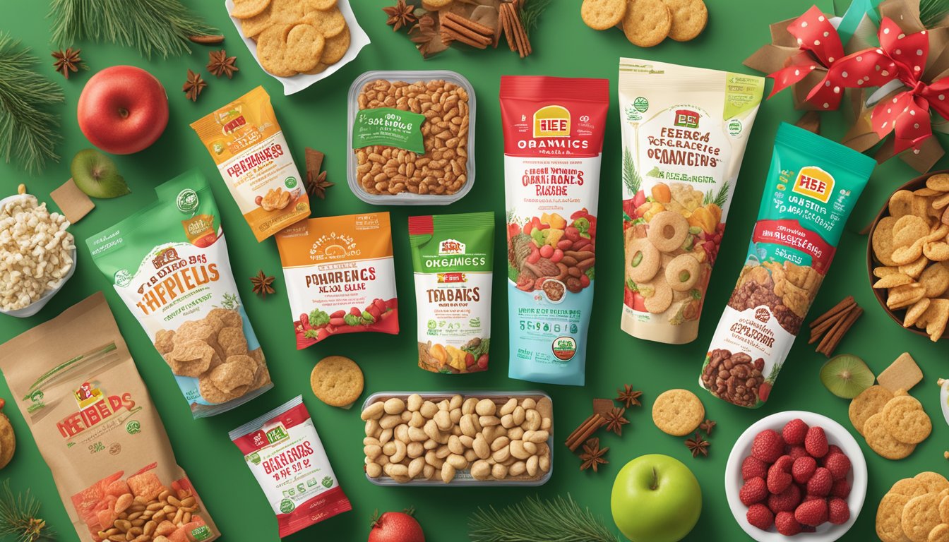 A festive display of H-E-B Organics Snack Pack surrounded by 12 gift-worthy HEB products