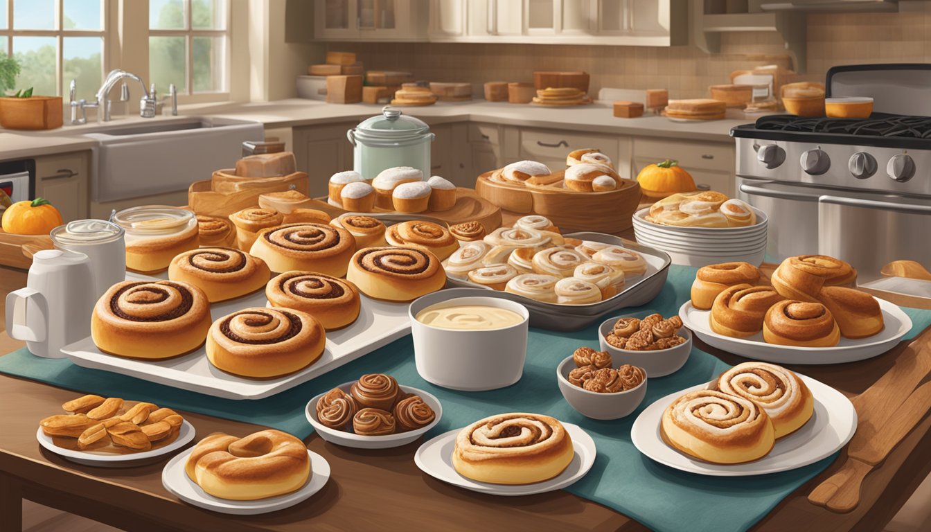 A warm, inviting kitchen table with a platter of freshly baked H-E-B Bakery Cinnamon Rolls surrounded by other HEB products perfect for gifting