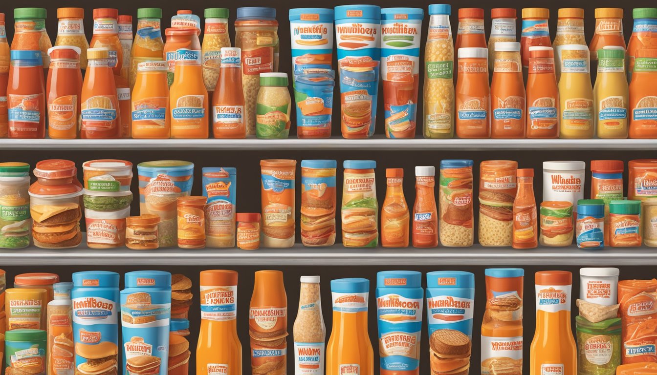 A colorful display of Whataburger condiments arranged in a Texas-themed setting at an HEB store