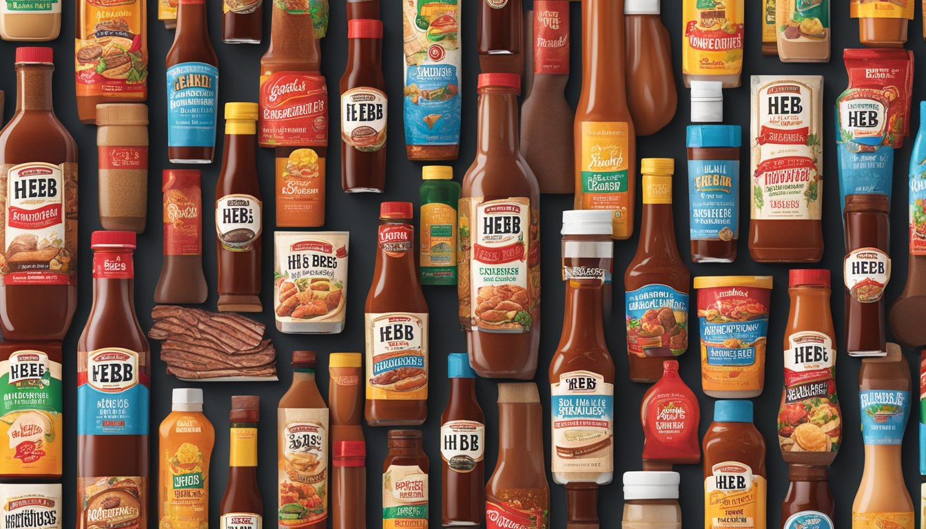 A bottle of H-E-B Smokehouse BBQ Sauce surrounded by 11 other HEB products arranged in an attractive display for gifting