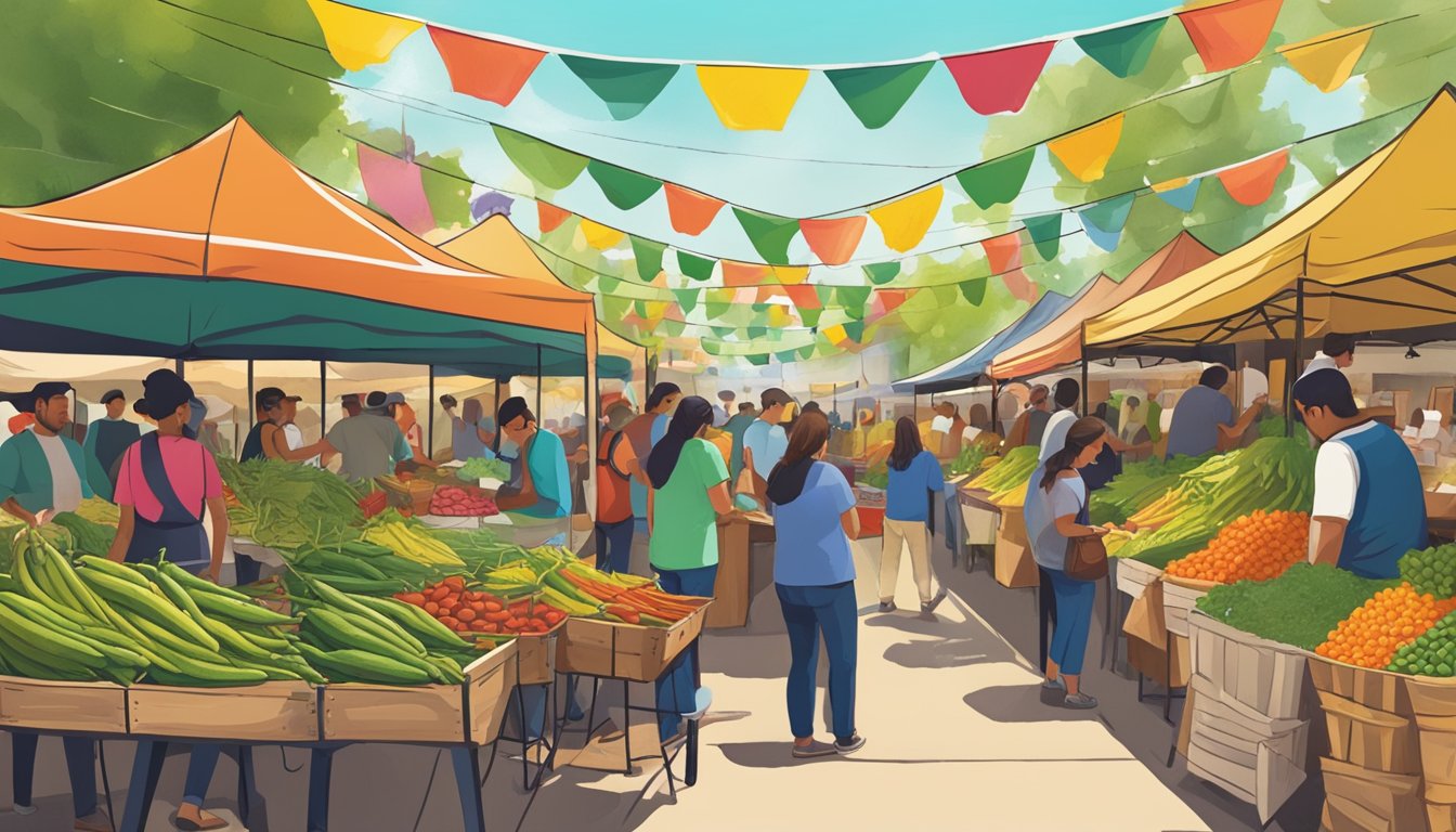 A festive outdoor market with colorful banners, live music, and vendors selling various Hatch Green Chile products