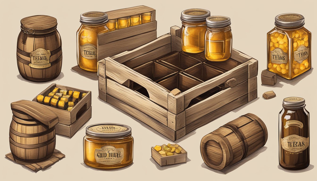 A rustic wooden crate filled with jars of Texas Gold Pure Honey, surrounded by 12 HEB products arranged as gift sets