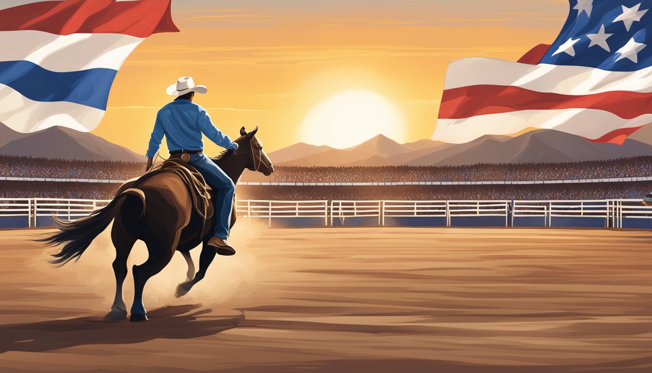 A bull rider in rodeo gear, surrounded by Texas flags and cowboy hats, with a backdrop of a western landscape and a rodeo arena