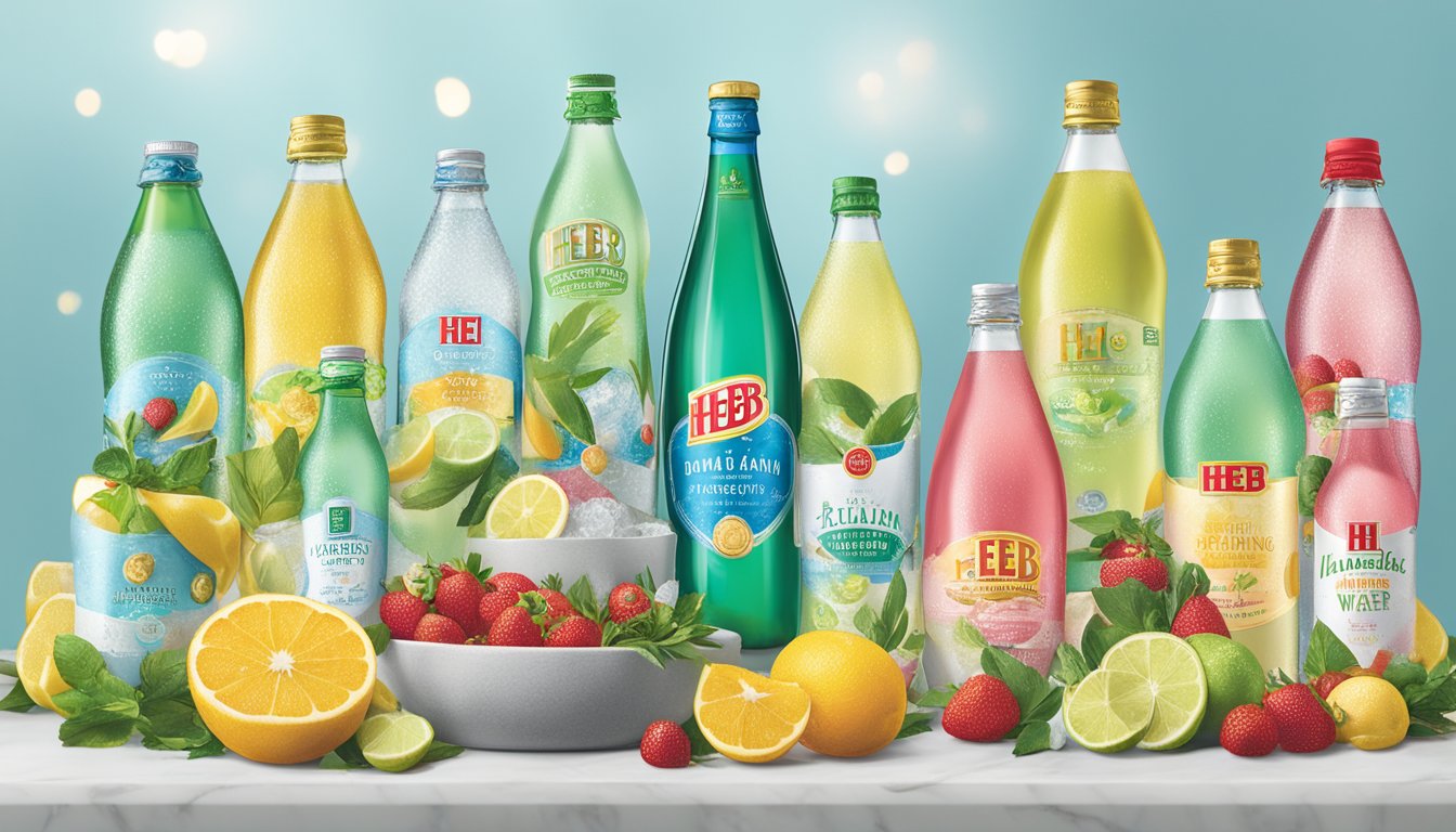 A festive display of H-E-B Select Ingredients Italian Sparkling Water and other HEB products arranged as gift options