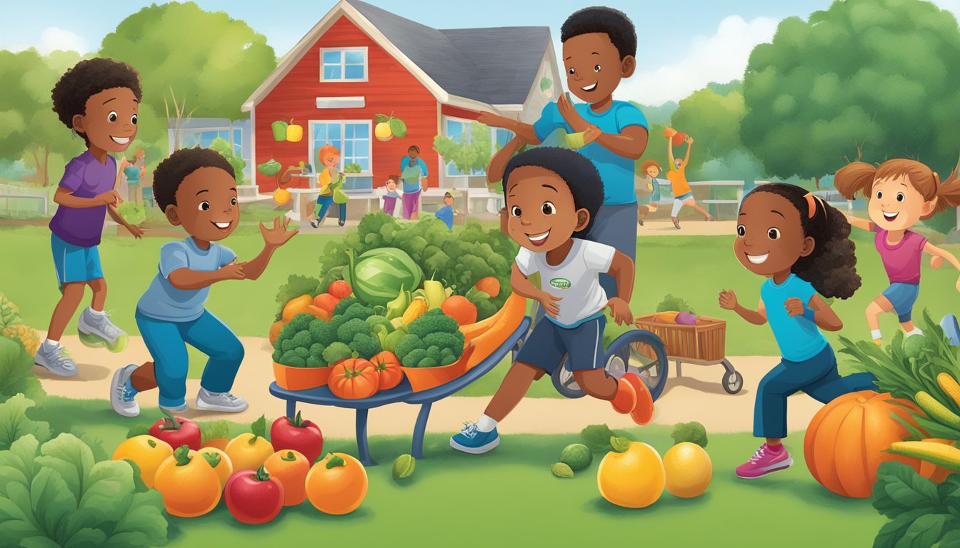 A group of children engage in outdoor activities, surrounded by fresh fruits and vegetables, exercise equipment, and H-E-Buddy mascot promoting healthy living