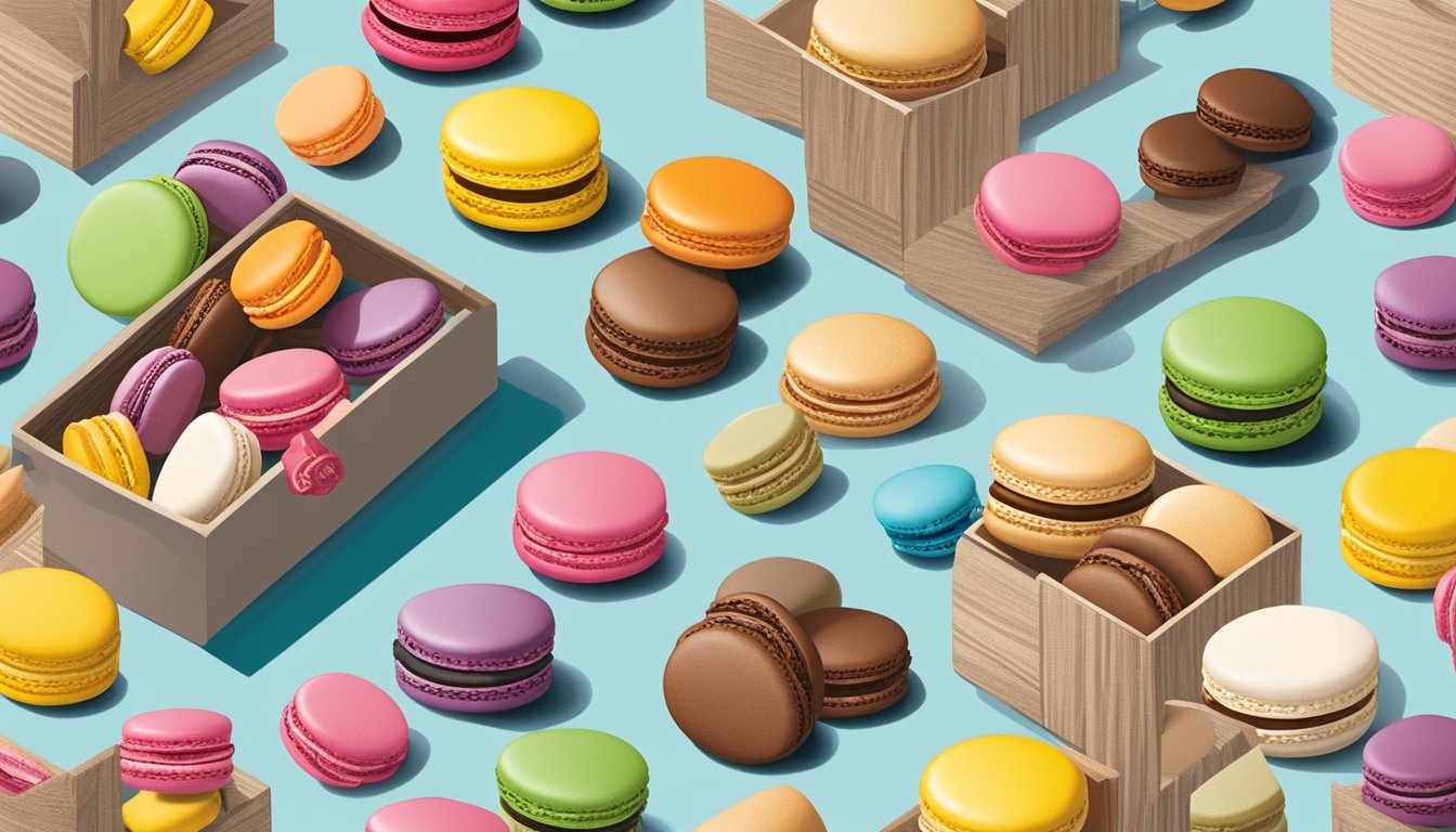 A colorful array of H-E-B French Macarons arranged in a decorative box, surrounded by other HEB products like wine, chocolates, and gourmet snacks