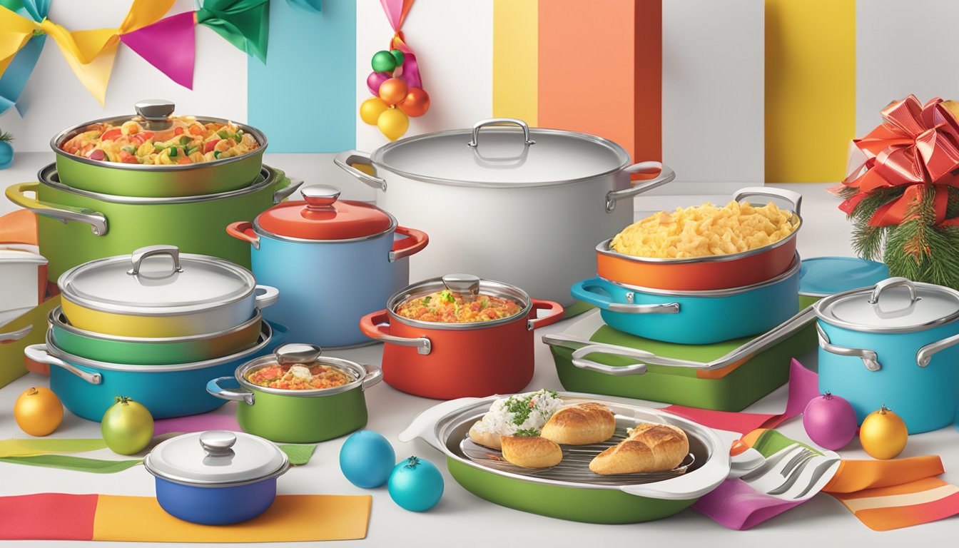 A festive display of H-E-B cookware and tableware products arranged on a table, surrounded by colorful gift wrap and ribbons