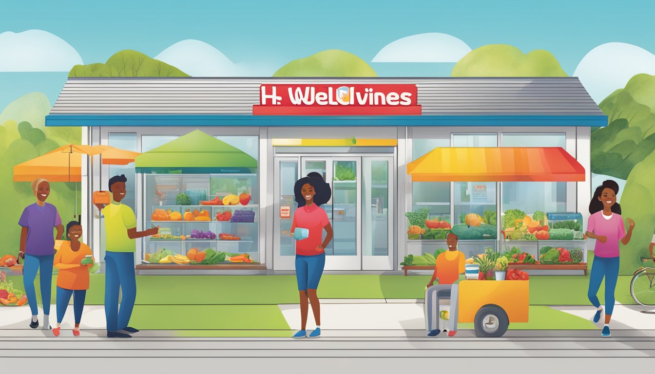 A vibrant display of H-E-B Wellness Services, showcasing 7 initiatives for healthy living through colorful graphics and engaging imagery