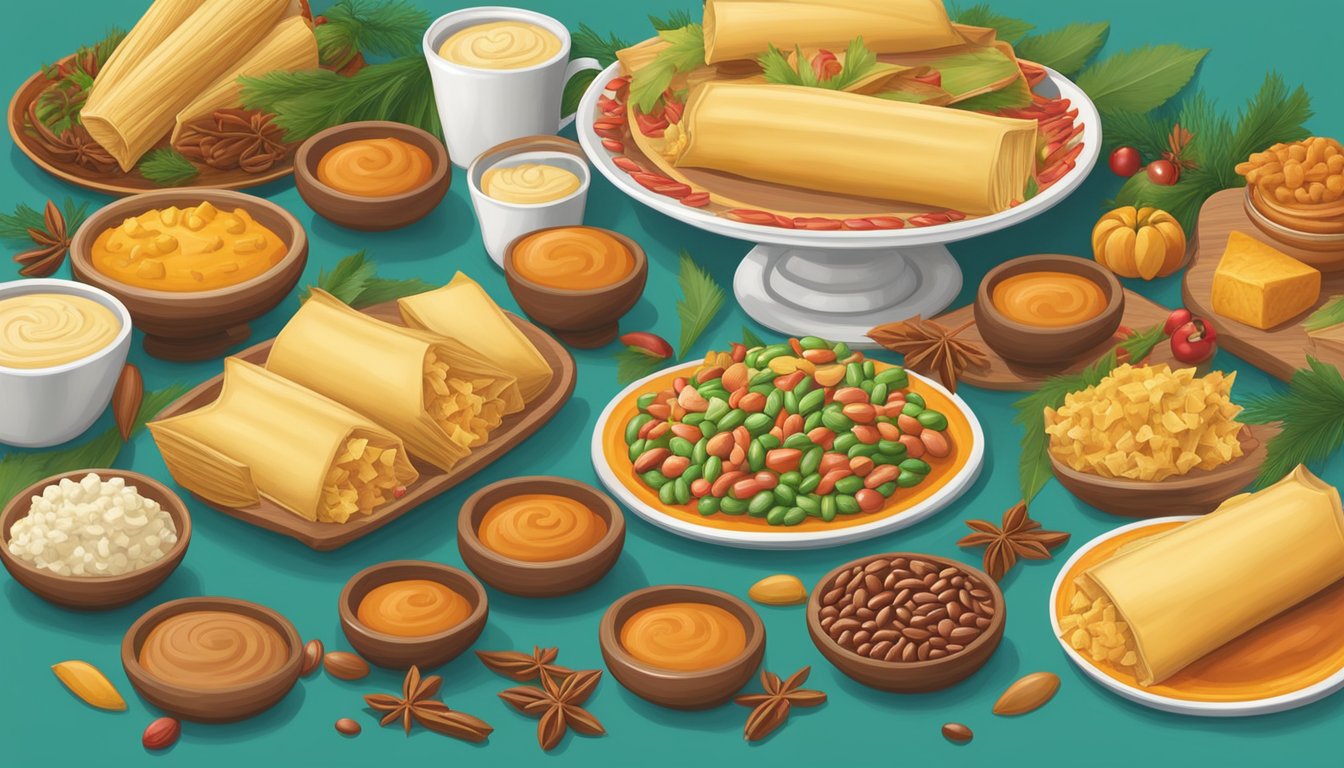 A festive holiday table with a colorful assortment of H-E-B Bean and Cheese Tamales and other HEB products arranged as gifts