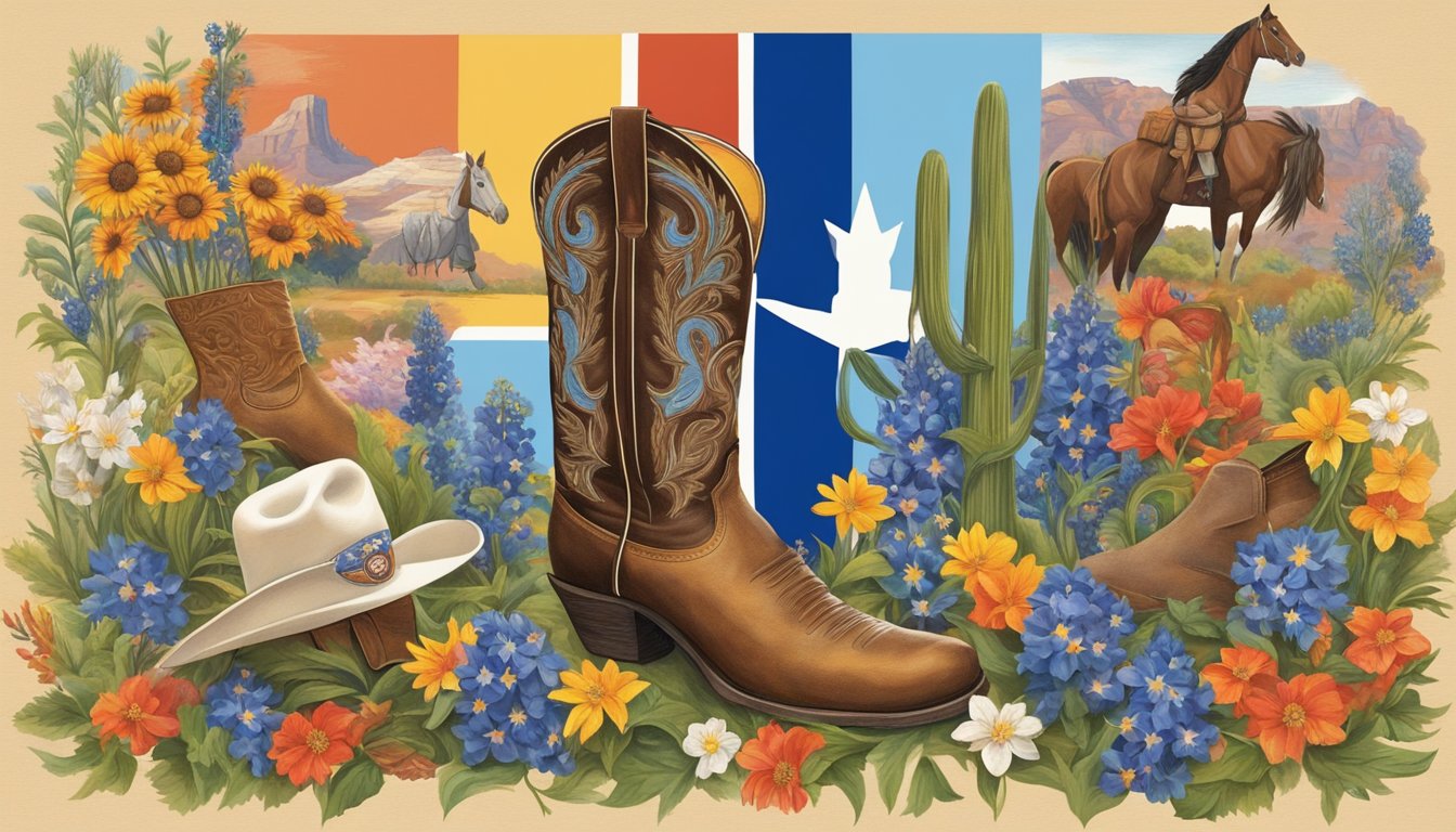 A colorful collage of iconic Texas symbols, including cowboy boots, bluebonnets, and the state flag, surrounded by vibrant Hispanic and Native American artwork