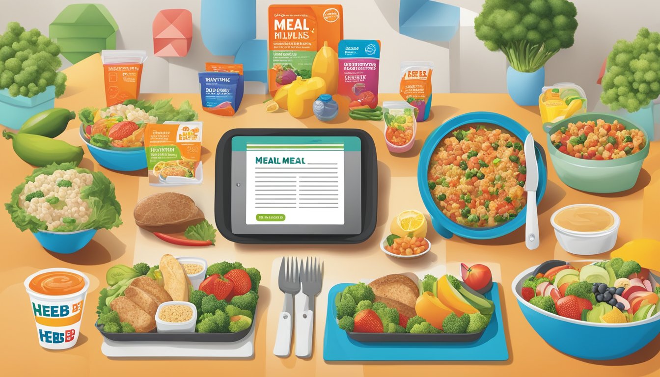 A colorful display of H-E-B Meal Simple Pre-Prepared Meals surrounded by images of healthy living initiatives such as exercise, fruits, and vegetables