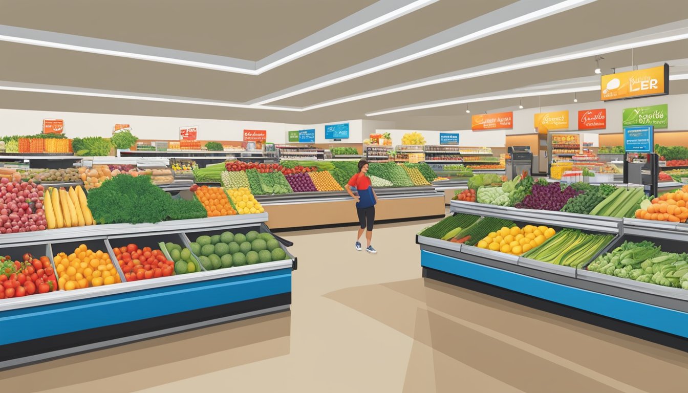 A vibrant display of fresh produce, exercise equipment, and smiling faces at an H-E-B store, showcasing their 7 healthy living initiatives