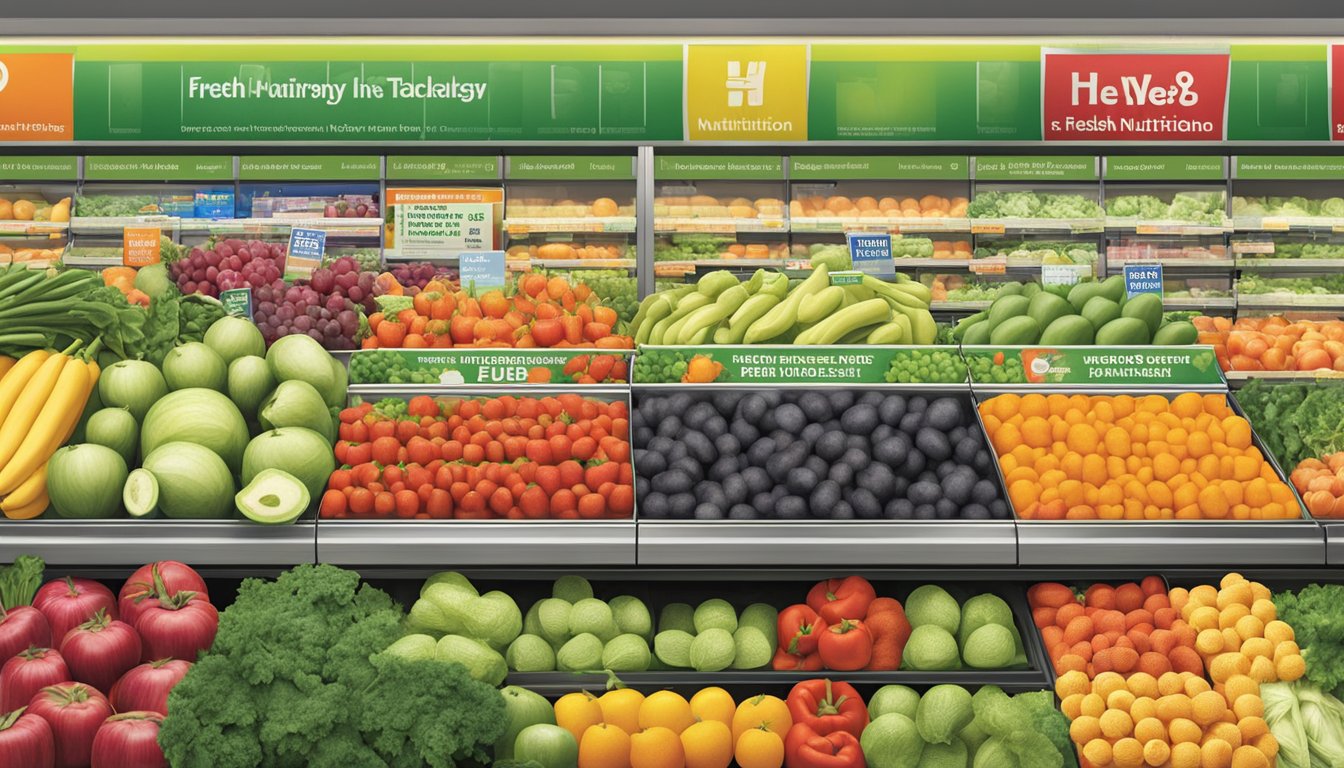 A colorful display of fresh fruits and vegetables with prominent H-E-B Nutrition Labeling Program signage