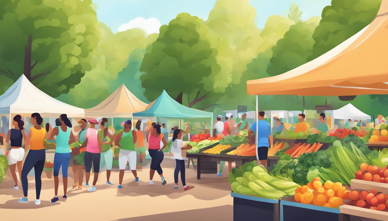 A vibrant farmers' market with fresh produce and a fitness class in a park